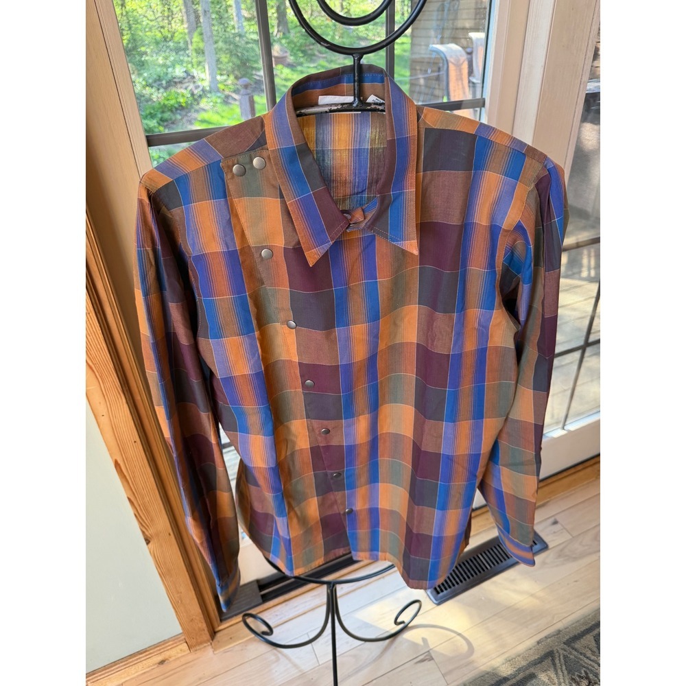 Vintage Liz Claiborne Asymmetrical Snap Plaid Shirt Womens 10 Orange Blue Multi
